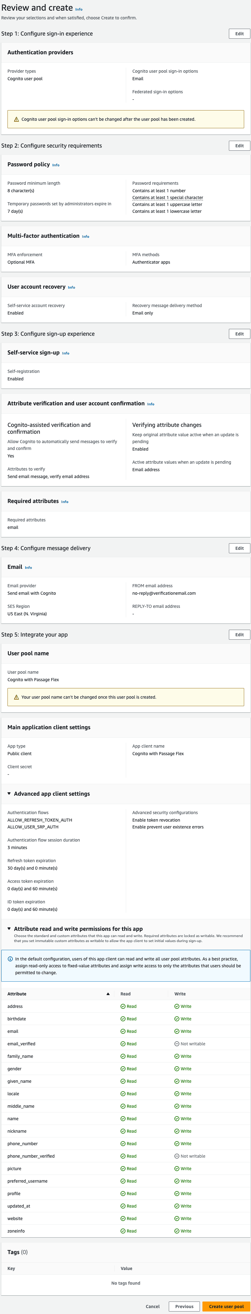 Cognito User Pool settings