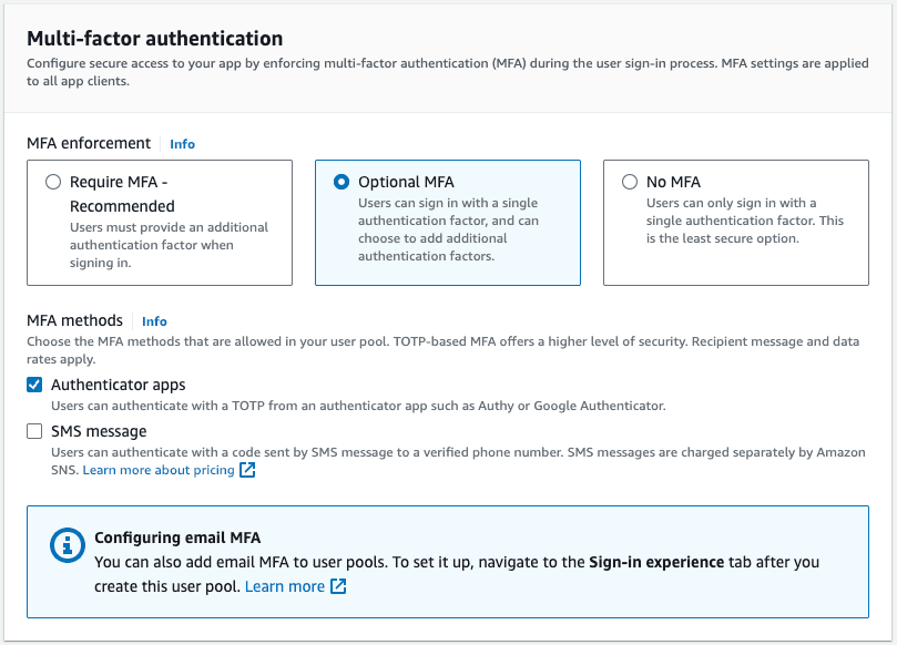 Cognito User Pool Multi-factor authentication settings