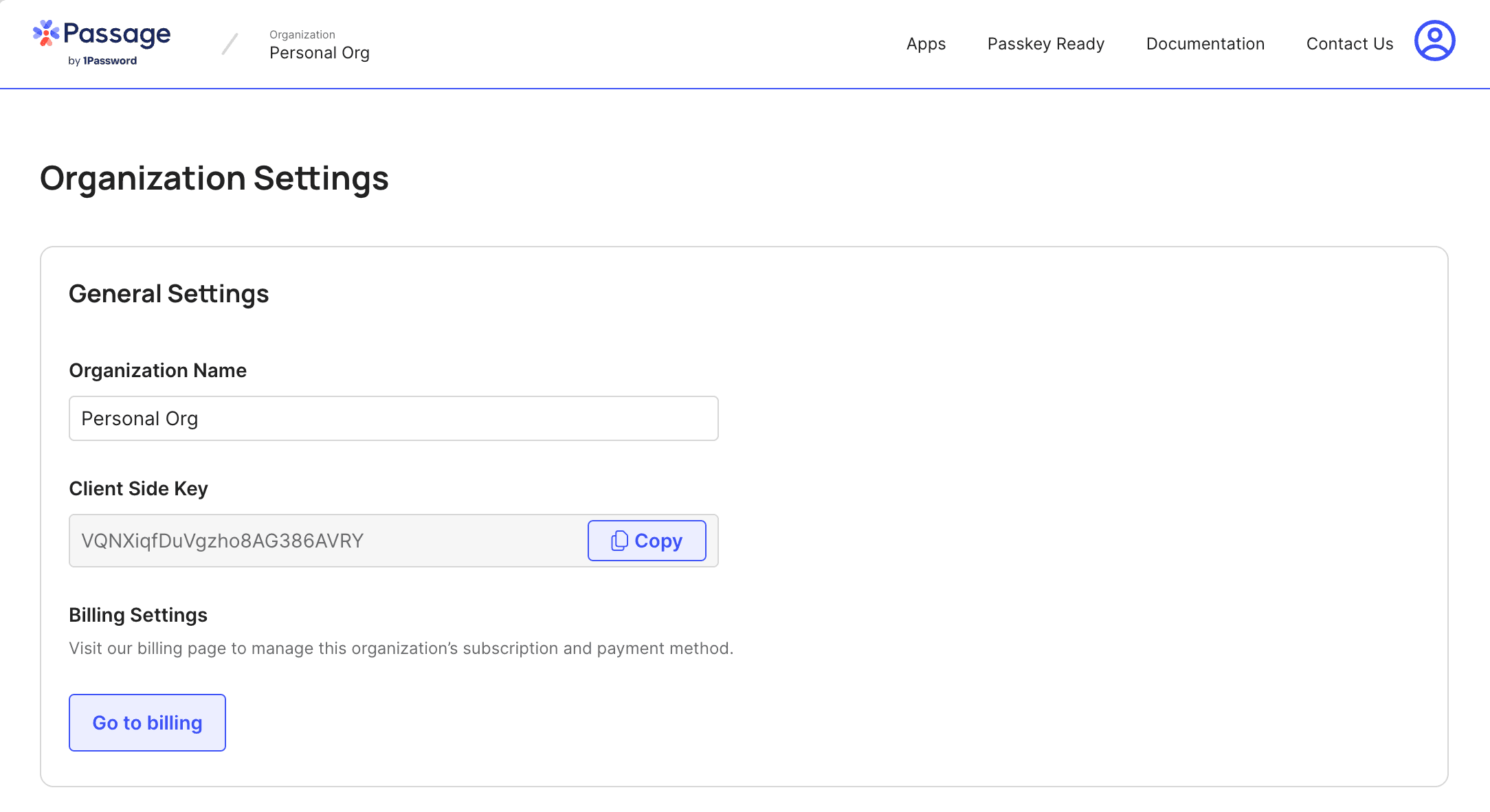 Organization settings page