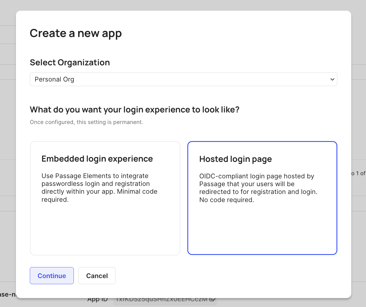 App creation modal highlighting create hosted app